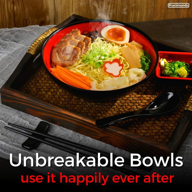 Practimondo Unbreakable Ramen Bowl Set with Chopsticks and Spoon: 2 large Japanese Style Melamine Ramen Bowls, Dipping Bowls and Chopstick Stands for Asian Pho Soup Thai Miso Udon Wonton (2 Bowl Set, Red-Black) - Image 4